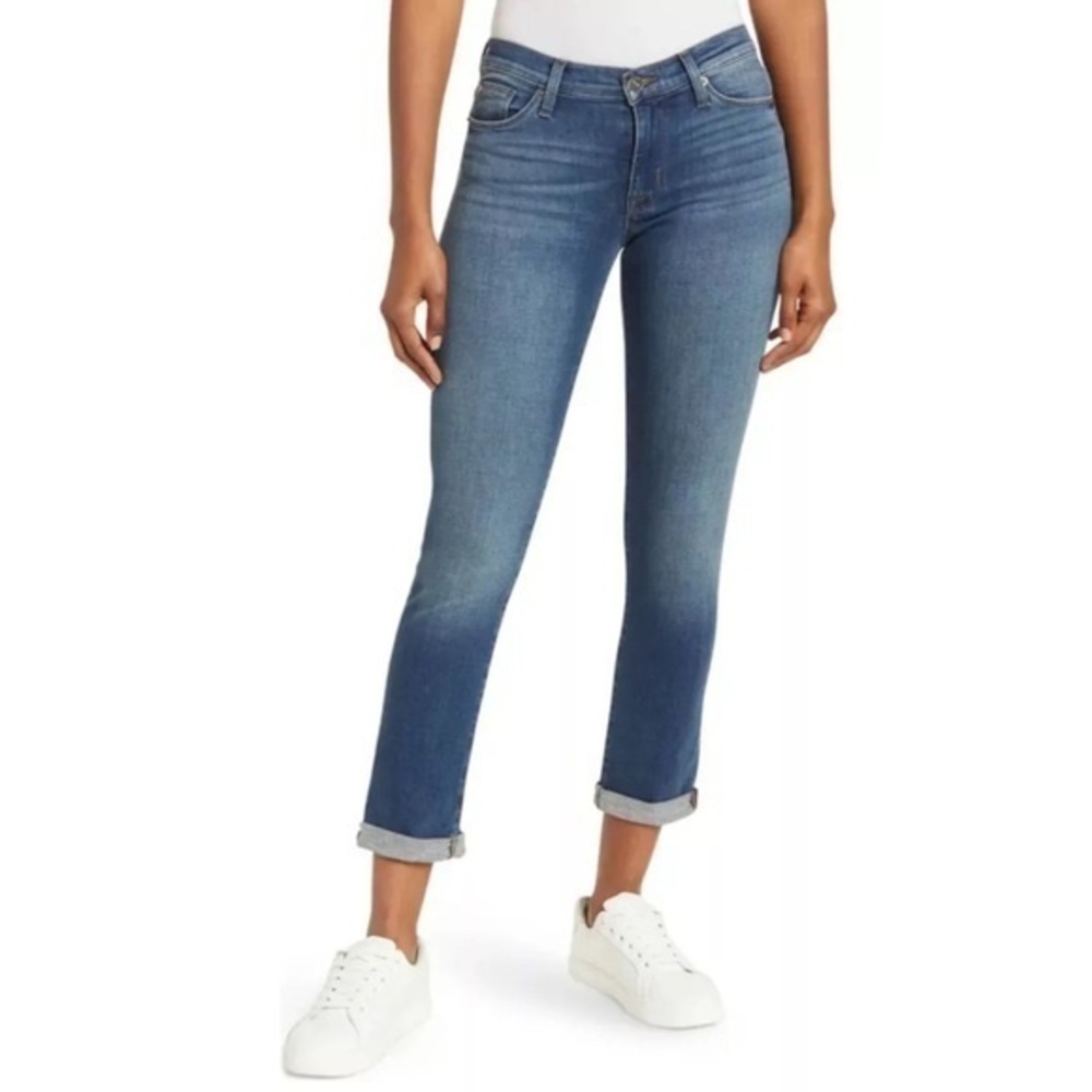 Hudson Natalie Mid Rise Roll Hem Slim Boyfriend Jeans Blue Leah Size 28